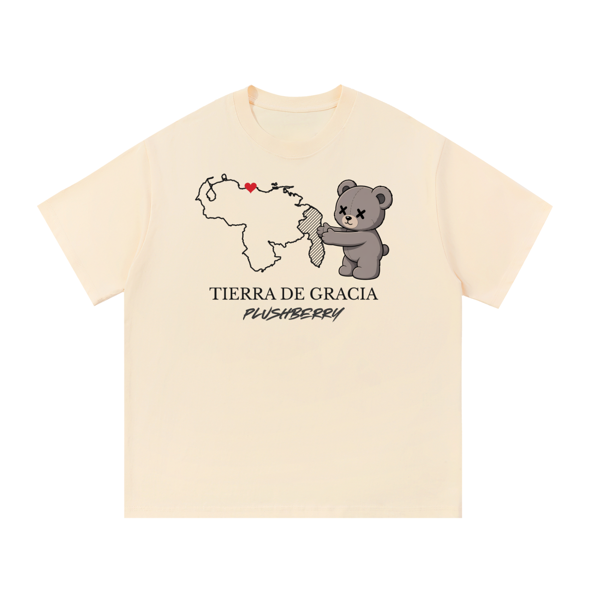 Tierra de Gracia tee in apricot, front view with Venezuela map including hatched Guayana Esequiba, Caracas heart, PlushBerry bear and PLUSHBERRY wordmark