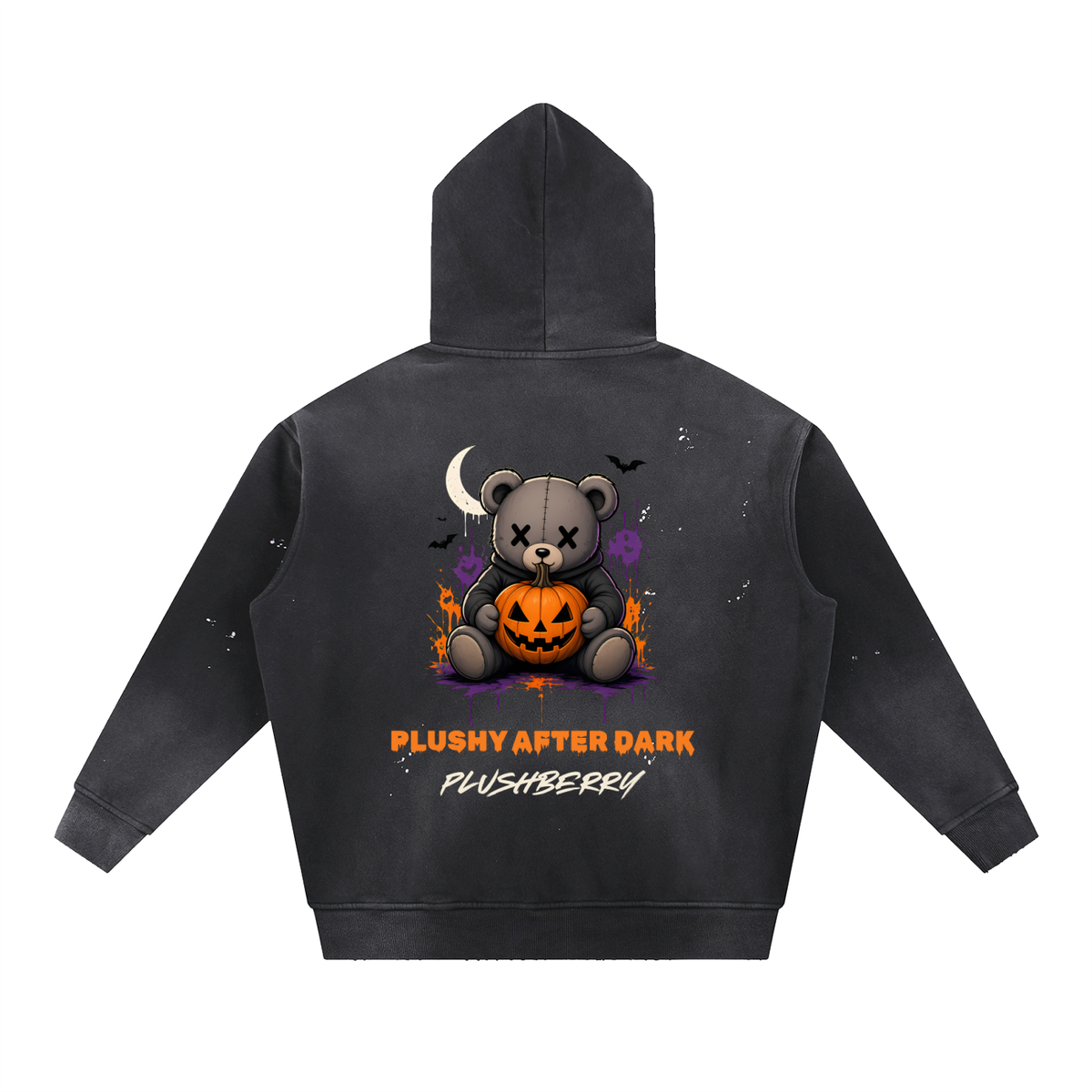 Plushy After Dark hoodie back, stitched teddy bear holding a jack-o'-lantern under a crescent moon with bats, orange and purple paint drips, PLUSHY AFTER DARK and PLUSHBERRY wordmark