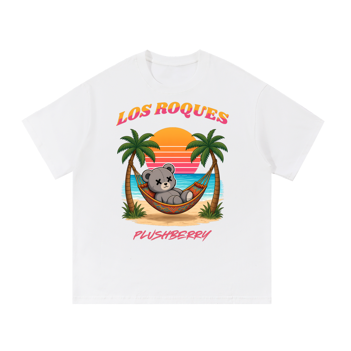 Los Roques tee in white, front view with sunset beach scene, PlushBerry bear in a hammock between palm trees and PLUSHBERRY wordmark