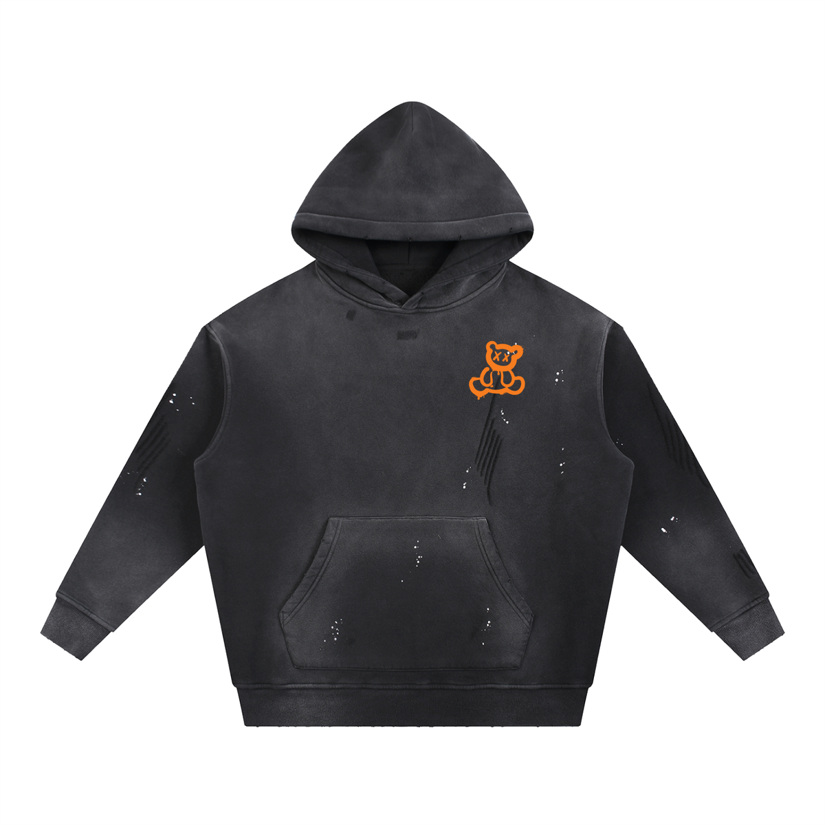 Plushy After Dark hoodie front, washed charcoal vintage wash hoodie with orange drip X-eyed teddy bear on left chest