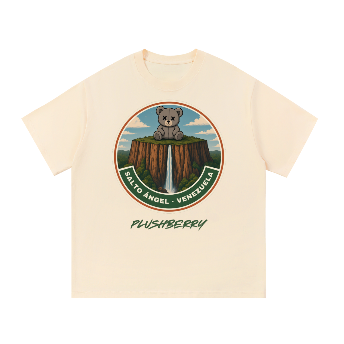 Salto Ángel tee in apricot, front view with circular Angel Falls badge, PlushBerry bear and PLUSHBERRY wordmark