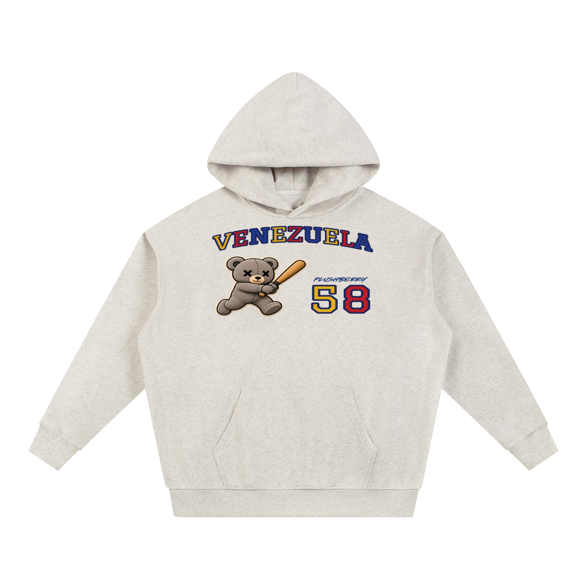 Venezuela 58 varsity hoodie in cream, front view with VENEZUELA arch lettering, PlushBerry bear and 58
